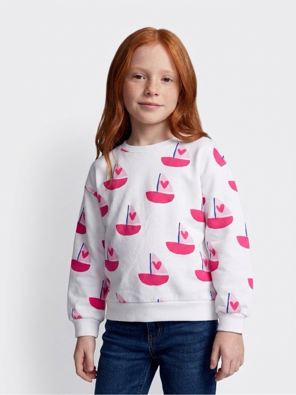 Zara Kids Sailboat Heart Print Sweatshirt White Pink Red Size 5-6Y 116